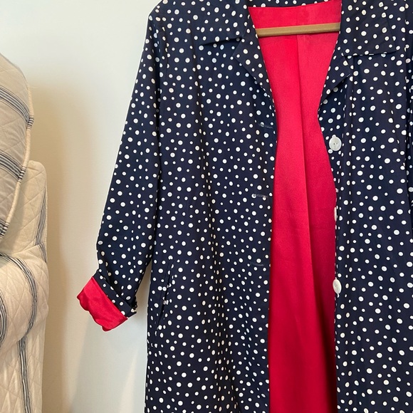 Navy Blue Polka Dot Button-Up Coat - Size 4 - Trench - Red Satin Lining - Picture 4 of 8